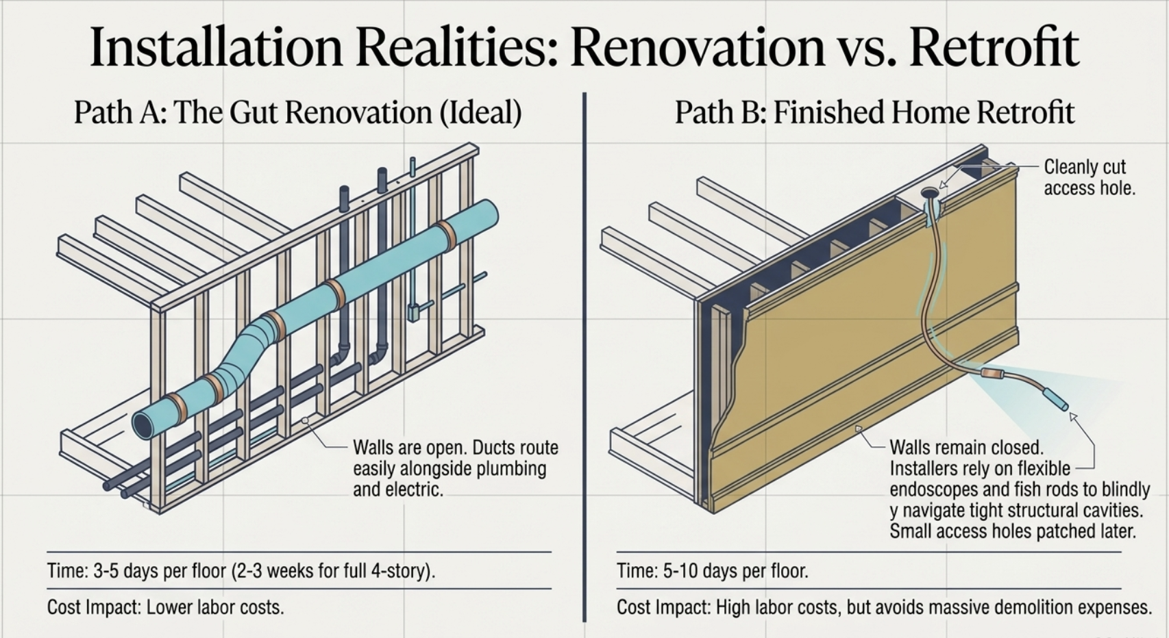 Mini-duct installation in a pre-war building: renovation with walls open vs finished-home retrofit