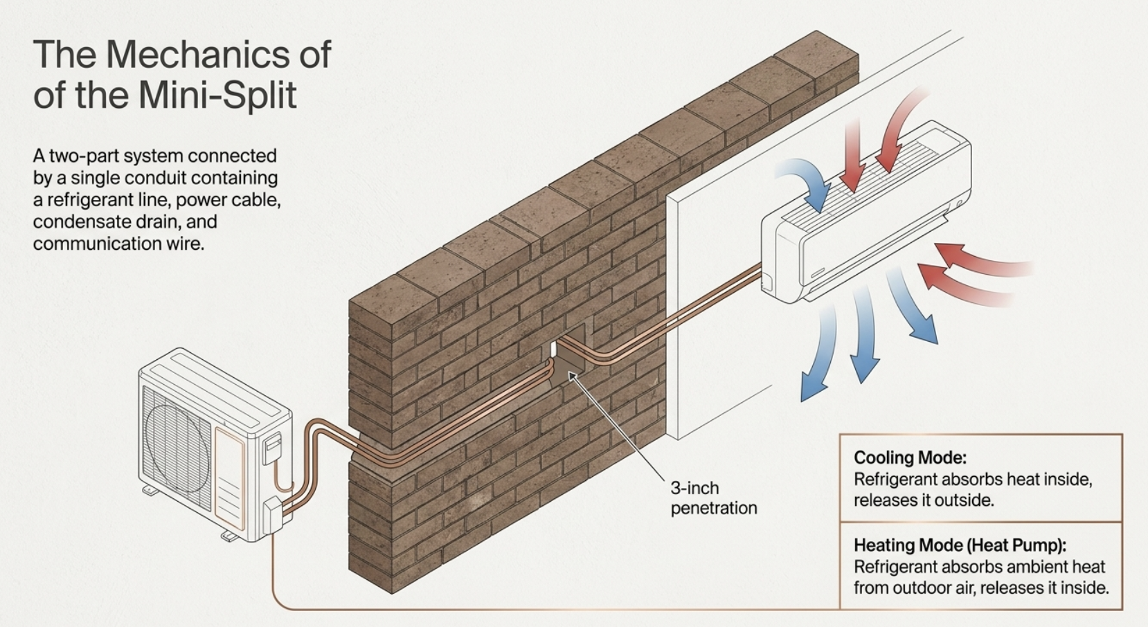 How a ductless mini-split works: outdoor condenser connected through a 3-inch wall penetration to an indoor air handler