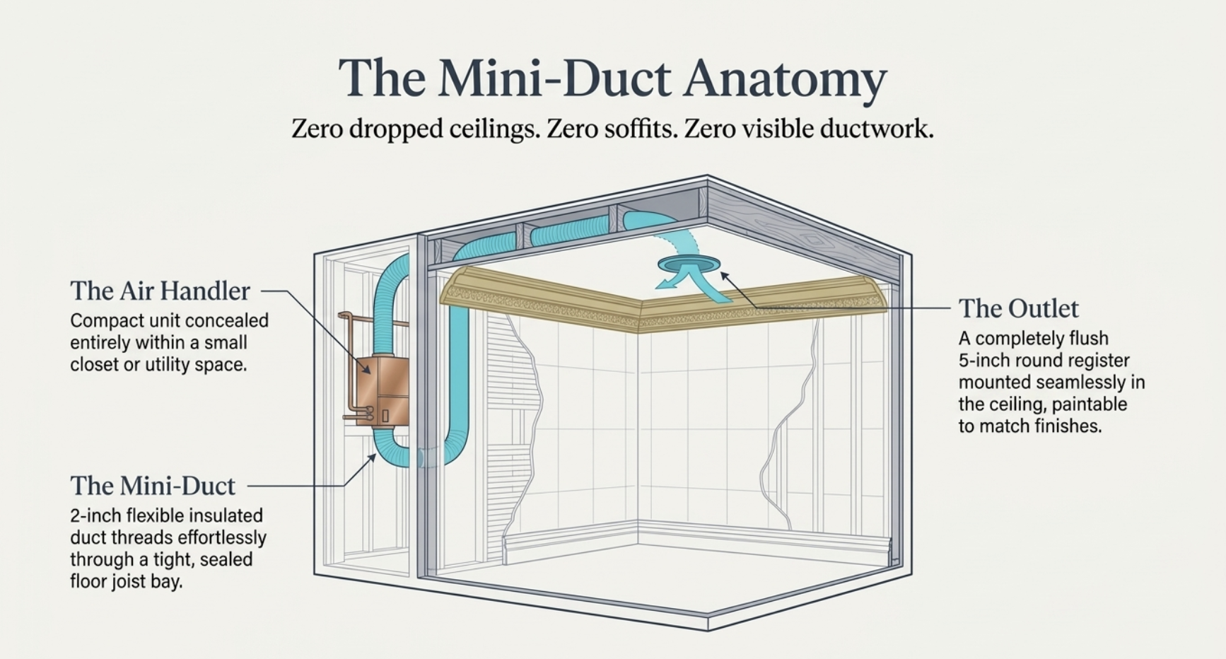 Mini-duct system anatomy: compact air handler, 2-inch flexible duct, and 5-inch flush ceiling outlet