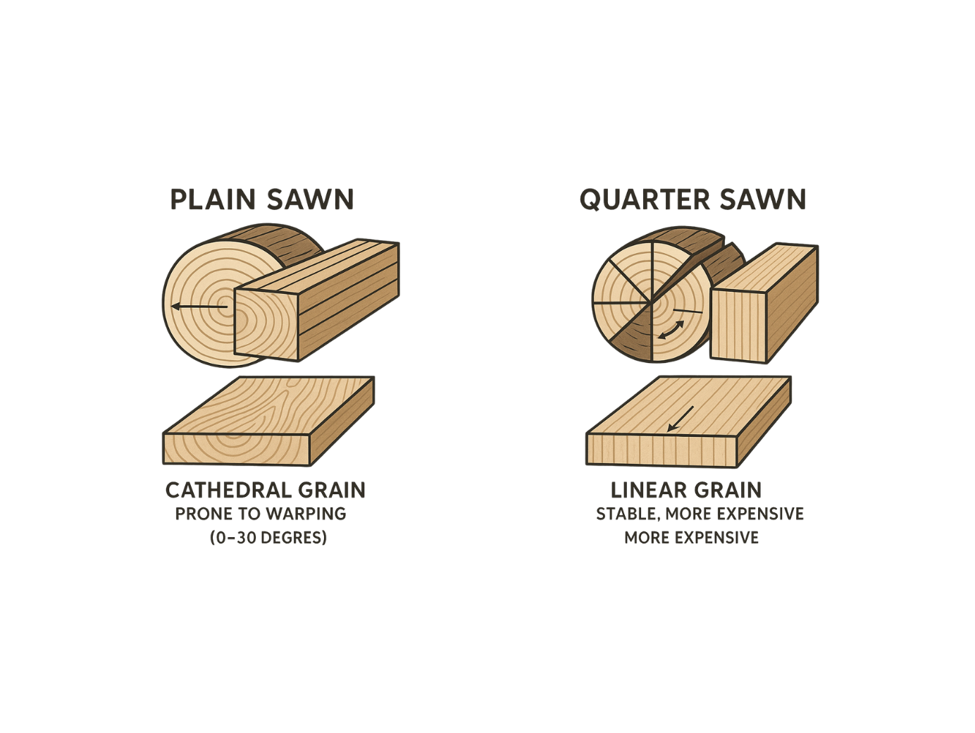 quarter sawing vs plain sawing lumber cuts comparison