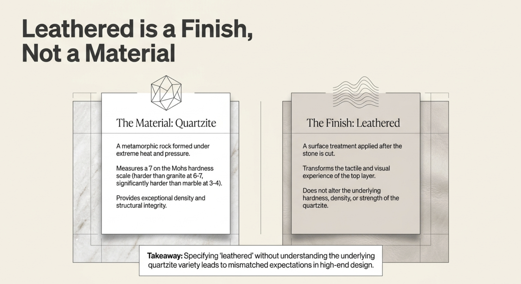 Leathered is a finish, not a material: quartzite stone vs leathered surface treatment