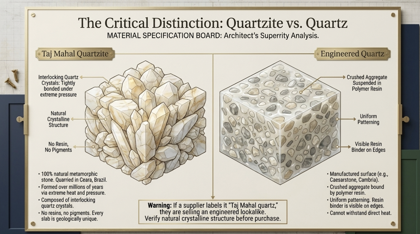 Quartzite vs quartz: Taj Mahal natural stone compared to engineered quartz