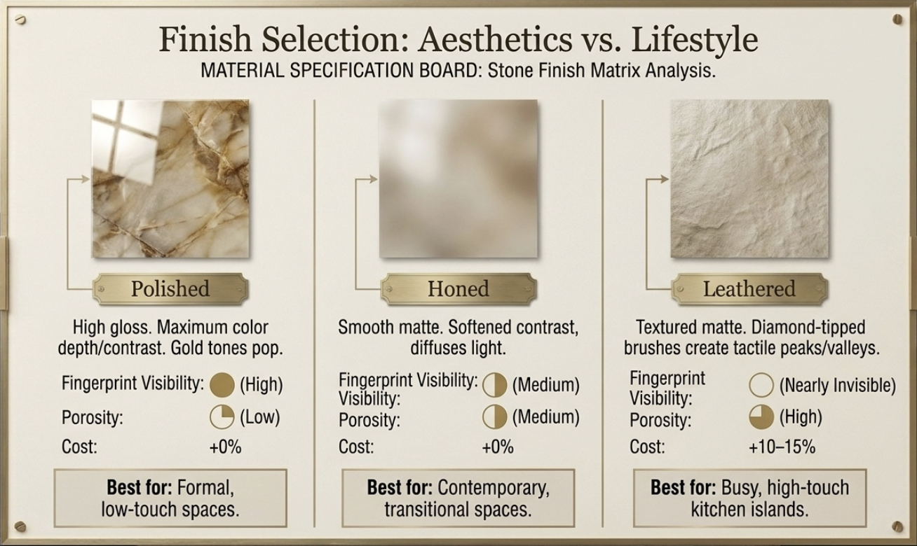 Taj Mahal quartzite finishes comparison: polished, honed, and leathered