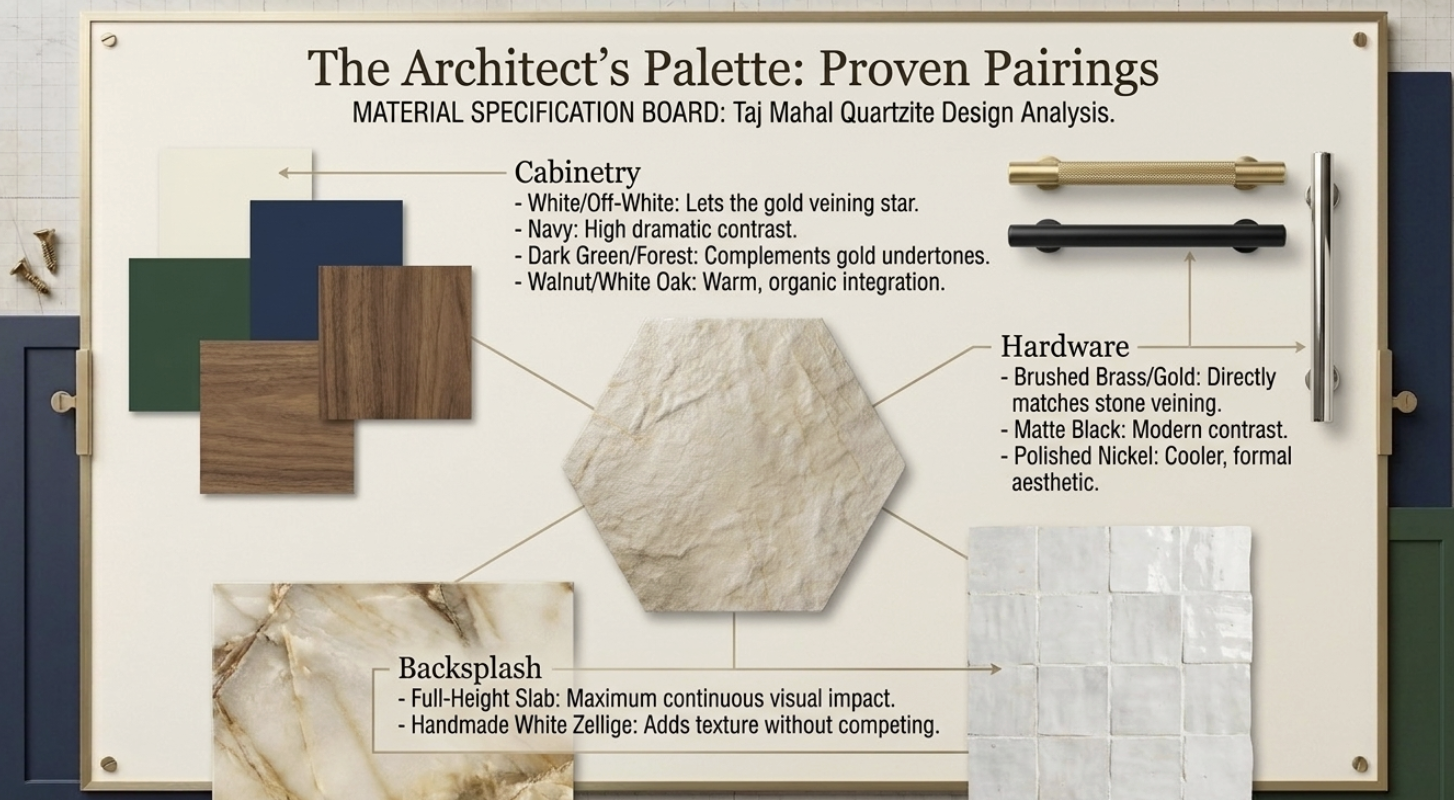 Taj Mahal quartzite design pairings for cabinets, hardware, and backsplash